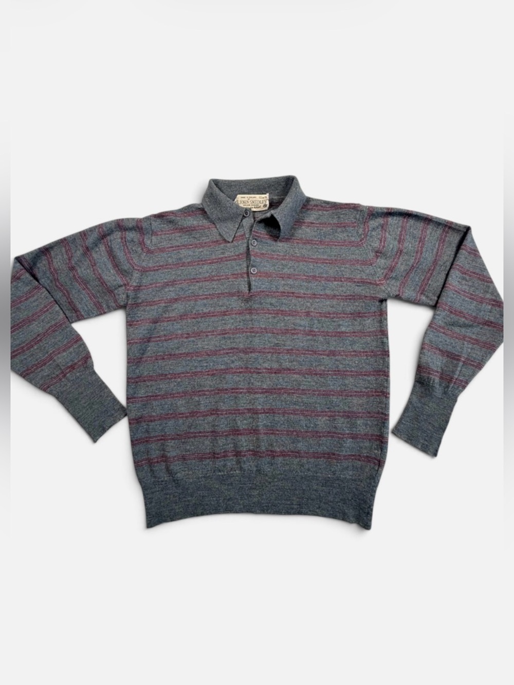 Vintage John Smedley Striped Knit Polo Sweater Medium 102cm Grey Red Pure Wool